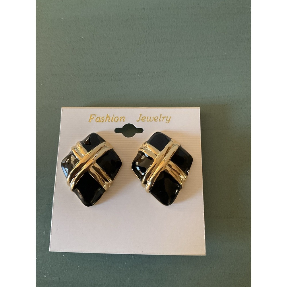 Vintage Black Enamel Gold Earrings Clip On 80s